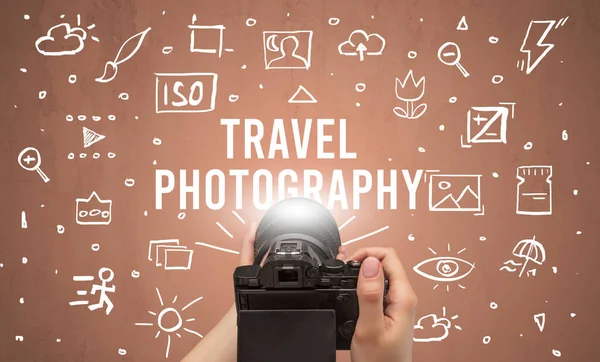 Χειρός Λήψη Φωτογραφιών Ψηφιακή Φωτογραφική Μηχανή Και Travel Photography Επιγραφή — Φωτογραφία Αρχείου
