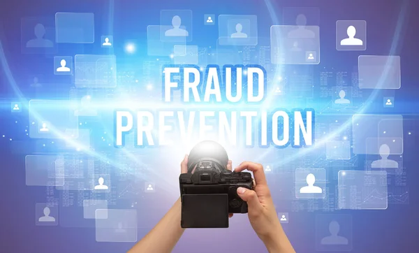 Närbild Handhållen Kamera Med Fraud Prevention Inskription Videoövervakning Koncept — Stockfoto