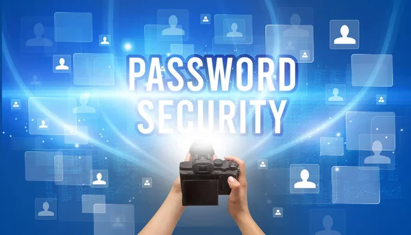 Close Câmera Mão Com Inscrição Password Segurança Conceito Vigilância Por — Fotografia de Stock