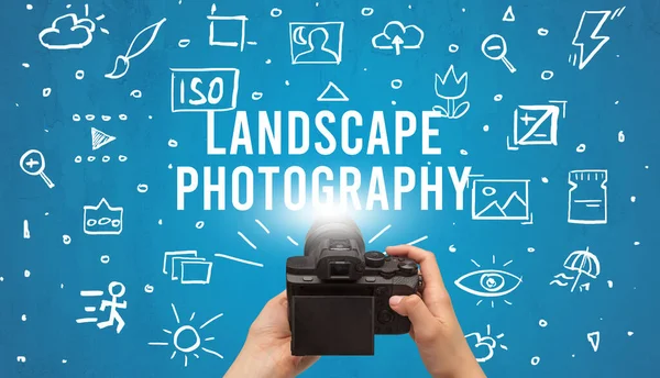Hand Taking Picture Digital Camera Landscape Photography Inscription Camera Settings — Stock Photo, Image