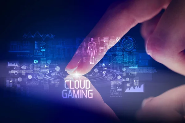 Finger Vidröra Tablett Med Webbteknik Ikoner Och Cloud Gaming Inskription — Stockfoto