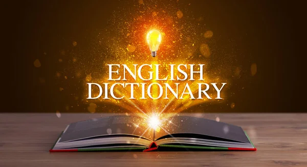 Αγγλικό Λεξικό Επιγραφή Βγαίνει Από Ένα Ανοιχτό Βιβλίο Εκπαιδευτική Έννοια — Φωτογραφία Αρχείου