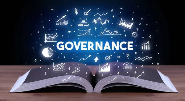 Governance Felirat Jön Egy Nyitott Könyv Üzleti Koncepció — Stock Fotó