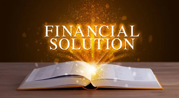 Pénzügyi Megoldás Felirat Jön Egy Nyitott Könyv Oktatási Koncepció — Stock Fotó