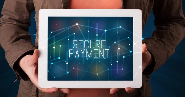 Young Business Person Working Tablet Shows Digital Sign Secure Payment — Stock Photo, Image