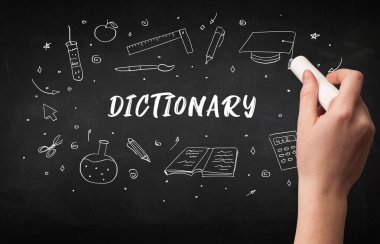 Tahtada beyaz tebeşirle el çizimi sözlüğü, eğitim kavramı