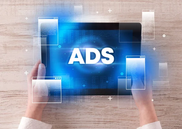 Close Hand Holding Tablet Ads Abbreviation Modern Technology Concept — Stock Photo, Image