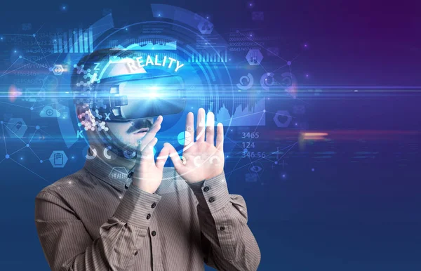 Businessman Looking Virtual Reality Glasses Reality Inscription Innovative Technology Concept — Stock Photo, Image