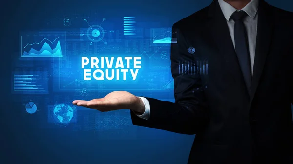Hand Businessman Holding Private Equity Felirat Üzleti Siker Koncepció — Stock Fotó