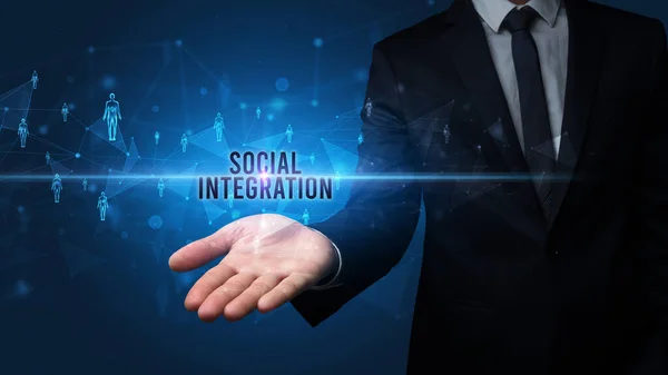 Elegáns Kézfogás Társadalmi Integráció Felirat Közösségi Hálózatépítés Koncepció — Stock Fotó
