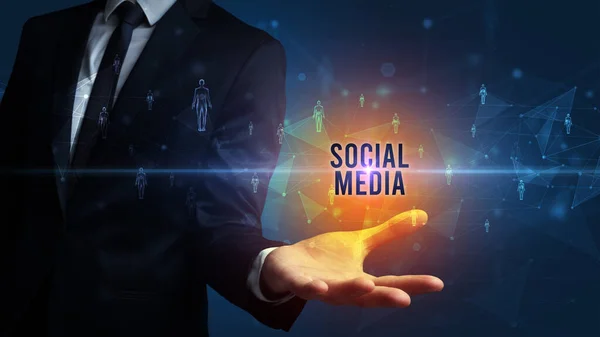 Elegáns Kézfogás Social Media Felirat Szociális Hálózati Koncepció — Stock Fotó