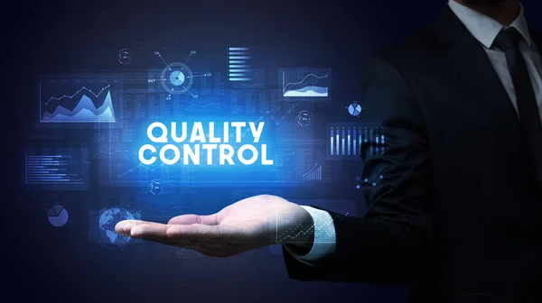 Hand Businessman Holding Quality Control Inscription Business Success Concept — Stock Photo, Image