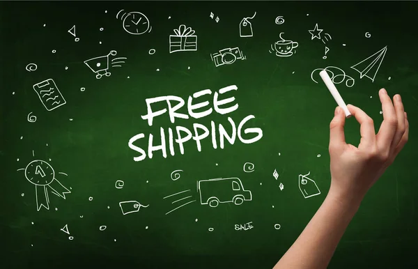 Ruční Kresba Free Shipping Nápis Bílou Křídou Tabuli Online Nákupní — Stock fotografie