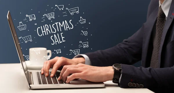 Businessman Working Laptop Christmas Sale Inscription Online Shopping Concept — Stock Photo, Image