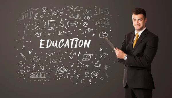 Empresário Pensando Com Inscrição Education Conceito Educação Empresarial — Fotografia de Stock