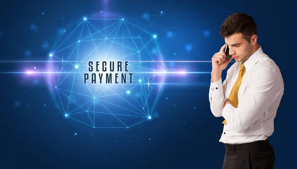 Uomo Affari Che Pensa Soluzioni Sicurezza Con Iscrizione Secure Payment — Foto Stock