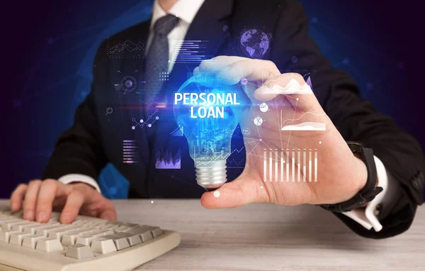 Businessman Holding Lightbulb Personal Loan Inscription Business Idea Concept — Stock Photo, Image