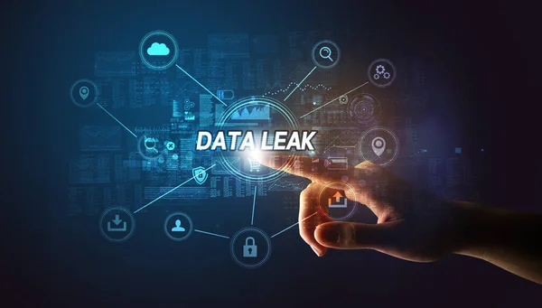 Hand Touching Data Leak Inscription Cybersecurity Concept — Stock Photo, Image