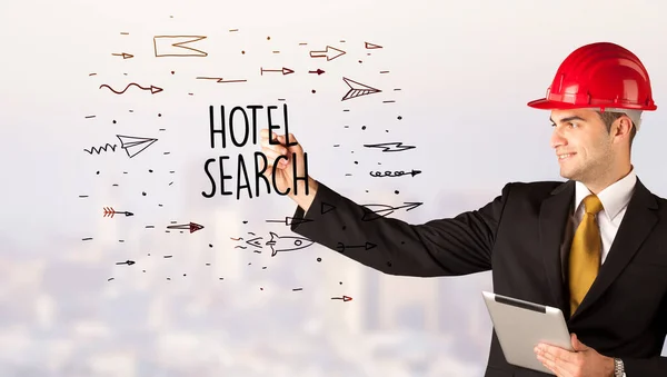 Schöner Geschäftsmann Mit Helm Zeichnung Hotel Search Inschrift Konstruktion Verkaufskonzept — Stockfoto