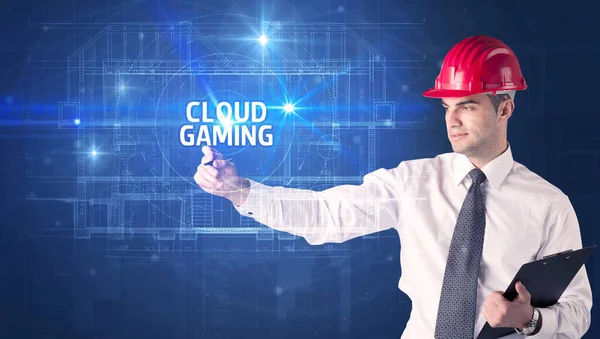Snygg Arkitekt Med Hjälmteckning Cloud Gaming Inskription Teknik Koncept — Stockfoto