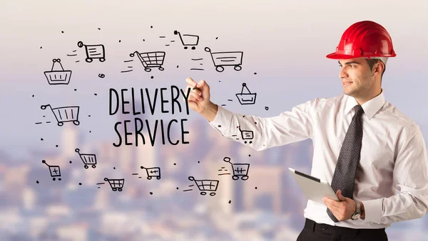 Handsome Businessman Helmet Drawing Delivery Service Inscription Contruction Sale Concept — Stock Photo, Image
