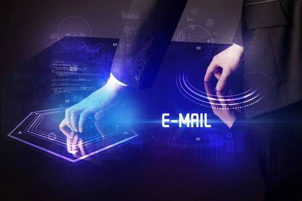 Mesa Digital Táctil Mano Con Inscripción Mail Concepto Seguridad Nueva —  Fotos de Stock