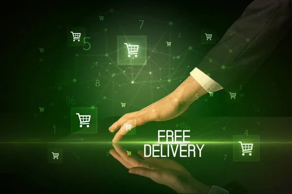 Online Shopping Free Delivery Inscription Concept Shopping Cart Icons — 스톡 사진