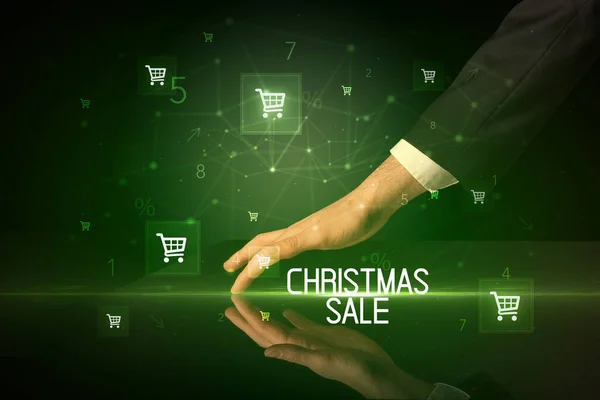 クリスマスセールの碑文のコンセプトでオンラインショッピング ショッピングカートのアイコンと — ストック写真
