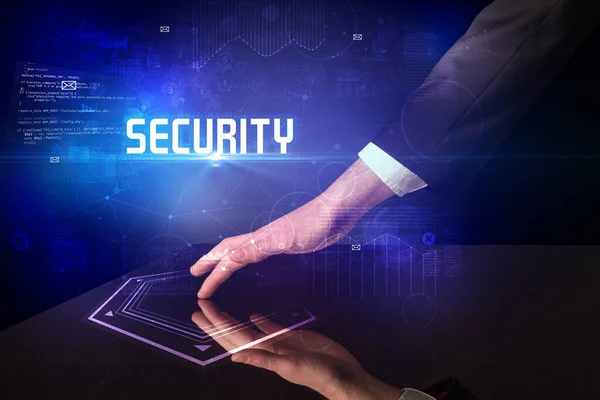 Ręczne Dotykanie Stołu Cyfrowego Napisem Bezpieczeństwo Koncepcja Bezpieczeństwa Nowej Ery — Zdjęcie stockowe