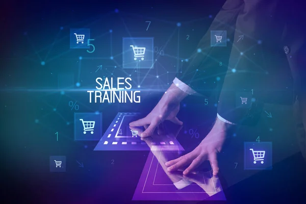 Online Vásárlás Sales Training Felirat Koncepció Bevásárlókocsi Ikonok — Stock Fotó