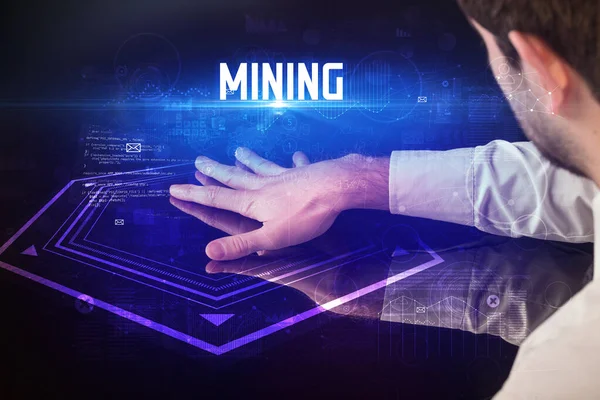 Hand Touching Digital Table Mining Inscription New Age Security Concept — Stock Photo, Image