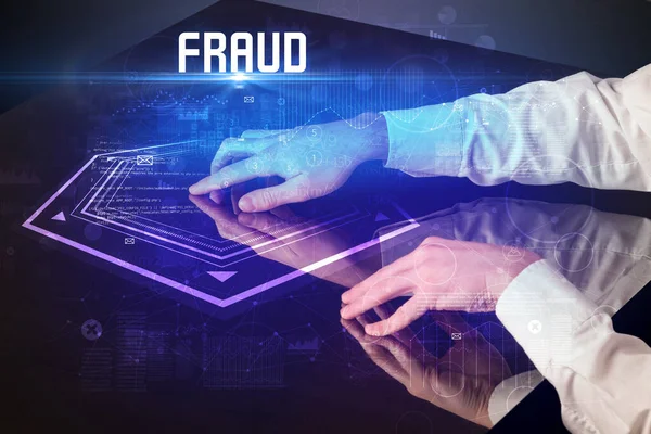 Hand Aanraken Van Digitale Tafel Met Fraud Inscriptie New Age — Stockfoto