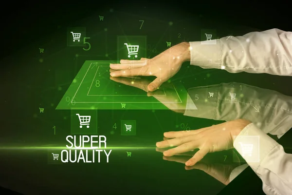スーパー品質の碑文のコンセプトでオンラインショッピング ショッピングカートのアイコンと — ストック写真