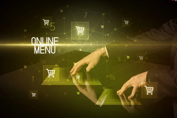 Online Shopping Mit Online Menü Beschriftungskonzept Mit Warenkorb Symbolen — Stockfoto