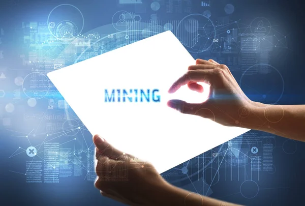 Tableta Futurista Hand Holdig Con Inscripción Mining Concepto Nueva Tecnología —  Fotos de Stock