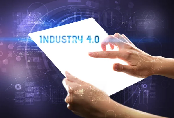 Tableta Futurista Hand Holdig Con Inscripción Industry Concepto Nueva Tecnología —  Fotos de Stock
