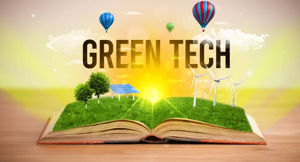 Otwarta Książka Napisem Green Tech Koncepcja Energii Odnawialnej — Zdjęcie stockowe