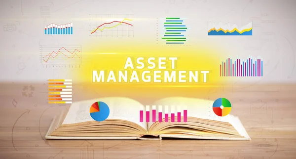Offenes Buch Mit Asset Management Beschriftung Neues Geschäftskonzept — Stockfoto