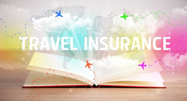 Livre Ouvert Avec Inscription Travel Insurance Concept Vacances — Photo