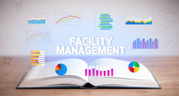 Open book with FACILITY MANAGEMENT inscription, new business concept