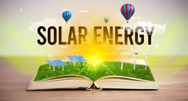 Offenes Buch Mit Solar Energy Beschriftung Konzept Für Erneuerbare Energien — Stockfoto