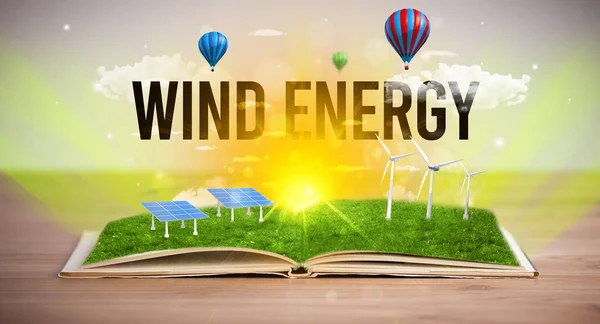 Öppen Bok Med Wind Energy Inskription Förnybar Energi Koncept — Stockfoto