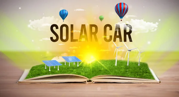 Open Boek Met Solar Car Inscriptie Concept Hernieuwbare Energie — Stockfoto