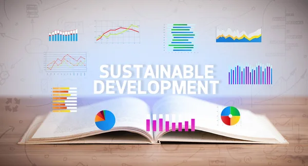 Öppen Bok Med Hållbar Utveckling Inskription Affärsidé — Stockfoto