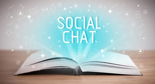 Libro Aperto Con Iscrizione Social Chat Concetto Social Media — Foto Stock