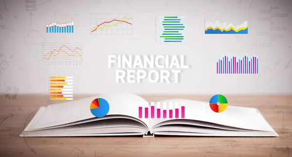 Libro Aperto Con Iscrizione Alla Relazione Finanziaria Nuovo Concetto Business — Foto Stock