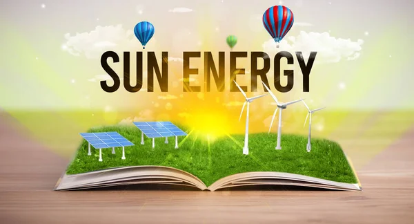 Open Boek Met Inscriptie Sun Energy Concept Hernieuwbare Energie — Stockfoto