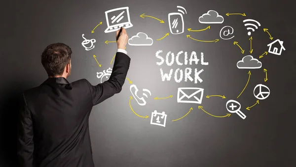 Επιχειρηματίας Που Σχεδιάζει Εικόνες Κοινωνικών Δικτύων Επιγραφή Κοινωνικής Εργασίας Νέα — Φωτογραφία Αρχείου