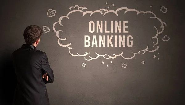 Biznesmen Rysujący Chmurę Napisem Online Banking Wewnątrz Nowoczesna Koncepcja Biznesowa — Zdjęcie stockowe