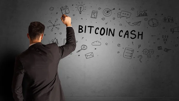 Empresário Desenhando Esboço Ideia Criativa Com Inscrição Bitcoin Cash Conceito — Fotografia de Stock